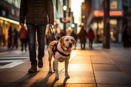 The guide dog, with a calm and focused demeanor, leads the blind person confidently, providing guidance and support.の素材