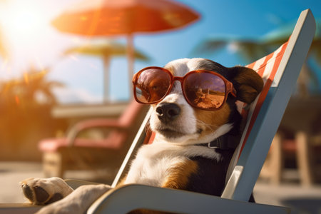 The dog is seen wearing sunglasses and relaxing in a beach chair, exuding a sense of humor and charm.の素材