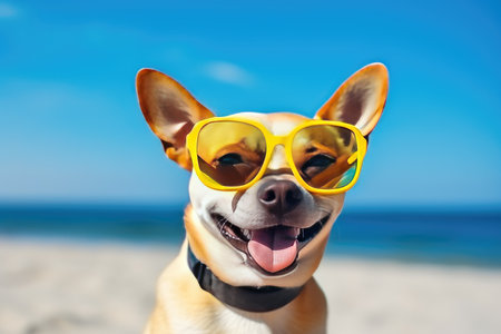 The dog is seen wearing sunglasses and relaxing in a beach chair, exuding a sense of humor and charm.の素材