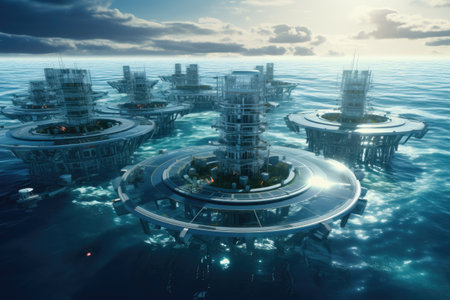 Futuristic environmentally friendly power plant of the future in the ocean, Revolutionizing Water Energy Systems with Full Automation. Efficiency and Comfort of Fully Automated Modern Water Energy Systemsの素材