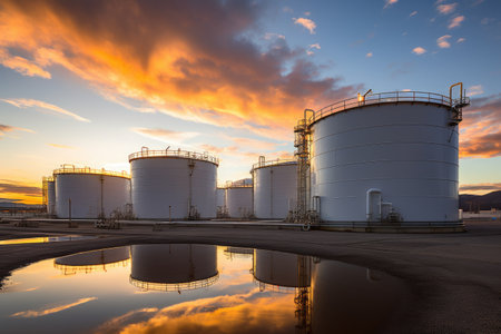 The tanks are neatly organized, creating a visually striking pattern against the clear blue sky. The sunlight illuminates the scene, emphasizing the metallic structures and the scale of the storage facility.の素材
