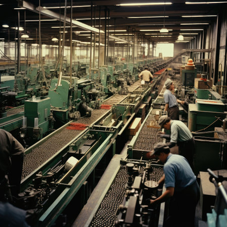 well-organized production line with automated machinery and workers carefully overseeing the production process. Bullets or shells move along the conveyor, undergoing various stages of manufacturing, including casing, filling, and packaging.の素材
