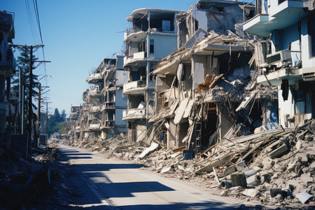 Consequences of seismic activity are visible, revealing collapsed buildings, cracked infrastructure, and scattered debris across the landscape. The photograph conveys a sense of both awe and destruction, highlighting the raw power of earthquakes and their ability to reshape the physical world.の素材