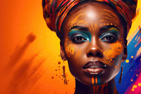 Portrait of a beautiful African woman with unusual body art with black skin and colored eyes and lips on a dark background. The concept of hidden feelings and desires. advertising poster. Generative AIの素材