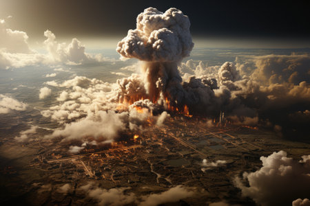 Power of nature and the devastating consequences of a nuclear disaster. The vivid colors and contrasting elements evoke a sense of danger and urgency. The image serves as a powerful reminder of the potential risks and the need for safety in the realm of nuclear energy.の素材