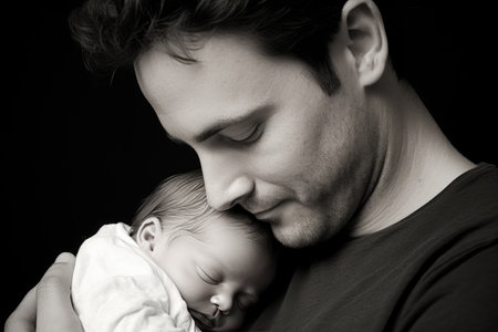 Young father cradles his newborn baby in his armsの素材