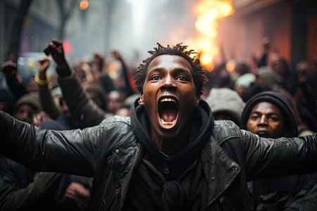 Powerful narrative of social unrest, where individuals come together to raise their voices and demand change. Amidst the chaos, the photograph exudes a sense of raw energy and resilience.の素材