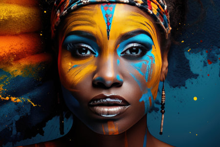 Portrait of a beautiful African woman with unusual body art with black skin and colored eyes and lips on a dark background. The concept of hidden feelings and desires. advertising poster. Generative AIの素材