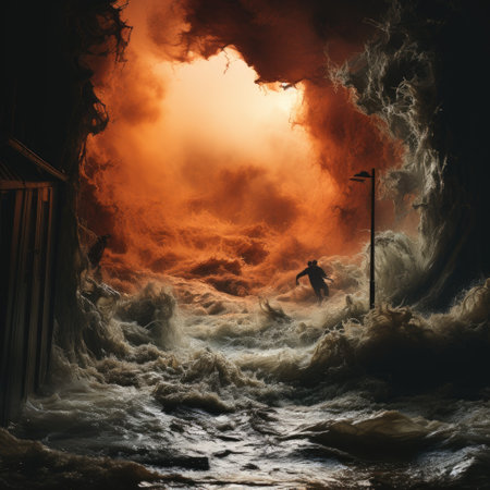 Overwhelming power of the surging waters as they overflow their banks and inundate surrounding areas. Bathed in vibrant and vivid hues, the photograph evokes a sense of urgency and danger.の素材