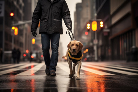 The guide dog, with a calm and focused demeanor, leads the blind person confidently, providing guidance and support.の素材