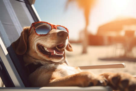 The dog is seen wearing sunglasses and relaxing in a beach chair, exuding a sense of humor and charm.の素材