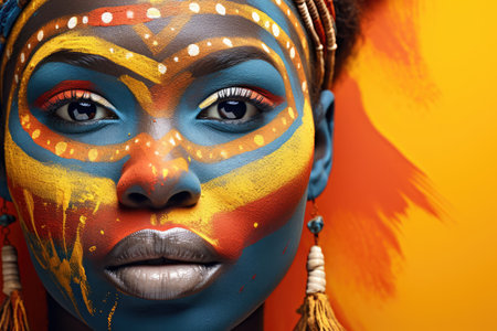 Portrait of a beautiful African woman with unusual body art with black skin and colored eyes and lips on a dark background. The concept of hidden feelings and desires. advertising poster. Generative AIの素材