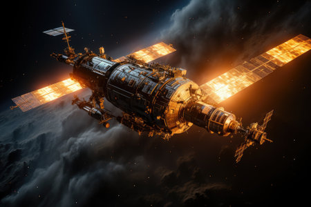 A bright and captivating photograph showcasing a space station harnessing solar energy from the sun and transmitting it back to Earthの素材