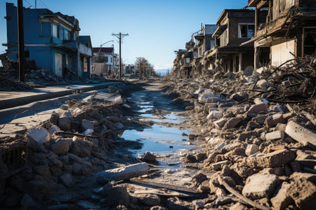 Consequences of seismic activity are visible, revealing collapsed buildings, cracked infrastructure, and scattered debris across the landscape. The photograph conveys a sense of both awe and destruction, highlighting the raw power of earthquakes and their ability to reshape the physical world.の素材