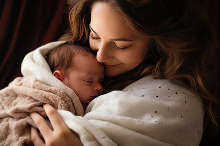 A heartwarming moment captured in a bright and realistic photograph where a young mother lovingly cradles her newborn baby in her arms. The tender bond between mother and child radiates through the image, creating a sense of warmth and joy.の素材