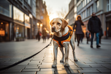 The guide dog, with a calm and focused demeanor, leads the blind person confidently, providing guidance and support.の素材
