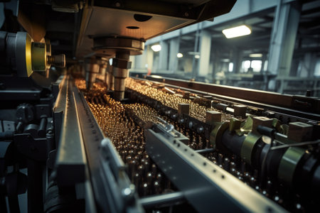 well-organized production line with automated machinery and workers carefully overseeing the production process. Bullets or shells move along the conveyor, undergoing various stages of manufacturing, including casing, filling, and packaging.の素材