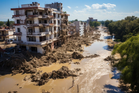 Powerful force of the tsunami as it engulfed coastal areas and brought devastation to buildings, landscapes, and communities.の素材