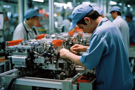 The photograph beautifully depicts the precision and focus of the operators as they control and monitor the machinery. The scene exudes a sense of productivity and efficiency, highlighting the essential role of machine operators in modern production processes.の素材