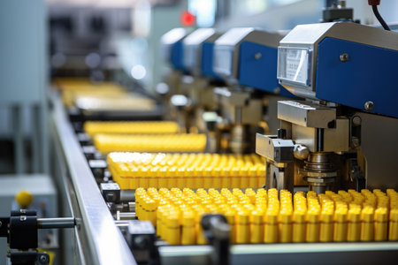 well-organized production line with automated machinery and workers carefully overseeing the production process. Bullets or shells move along the conveyor, undergoing various stages of manufacturing, including casing, filling, and packaging.の素材