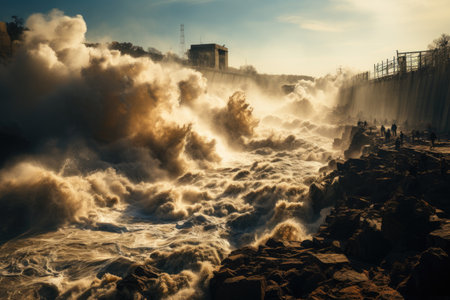 Overwhelming power of the surging waters as they overflow their banks and inundate surrounding areas. Bathed in vibrant and vivid hues, the photograph evokes a sense of urgency and danger, showcasing the destructive force of the floods and their impact on the surrounding landscapes and communities.の素材