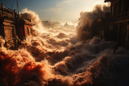 Overwhelming power of the surging waters as they overflow their banks and inundate surrounding areas. Bathed in vibrant and vivid hues, the photograph evokes a sense of urgency and danger.の素材