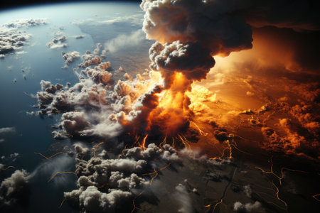 Power of nature and the devastating consequences of a nuclear disaster. The vivid colors and contrasting elements evoke a sense of danger and urgency. The image serves as a powerful reminder of the potential risks and the need for safety in the realm of nuclear energy.の素材