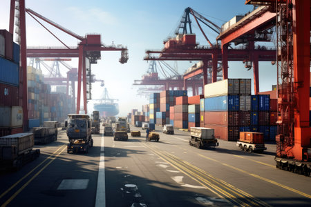 The atmosphere is filled with energy as workers load and unload goods, ensuring the smooth operation of global trade. The photograph beautifully captures the scale and complexity of logistics, emphasizing the importance of efficient transportation and supply chain management.の素材
