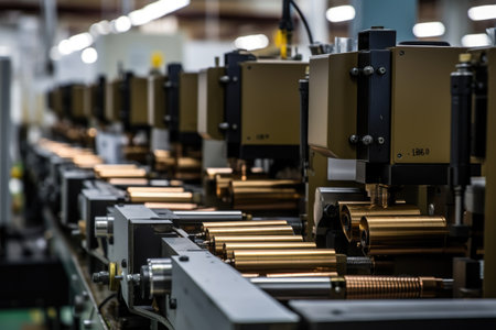 well-organized production line with automated machinery and workers carefully overseeing the production process. Bullets or shells move along the conveyor, undergoing various stages of manufacturing, including casing, filling, and packaging.の素材
