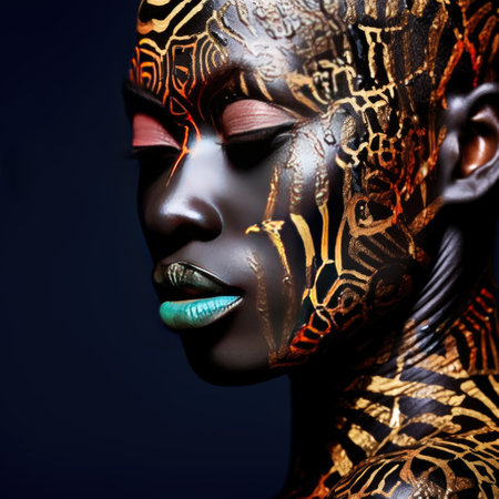 Portrait of a beautiful African woman with unusual body art with black skin and colored eyes and lips on a dark background. The concept of hidden feelings and desires. advertising poster. Generative AIの素材