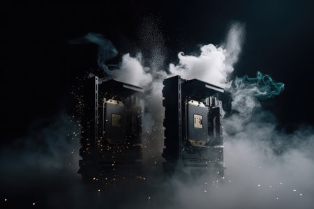 Smoke and flames emanating from within the system unit. The image captures the intensity of the situation, showcasing the hazards of overworked hardware and potential system failure.の素材