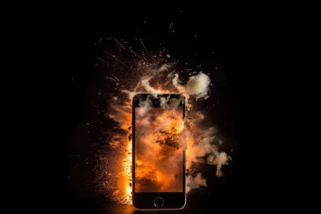 Depicting the serious issue of overheating and battery fires in mobile devices. Despite its serene appearance, the image reminds us of the challenges associated with smartphone battery safety.の素材