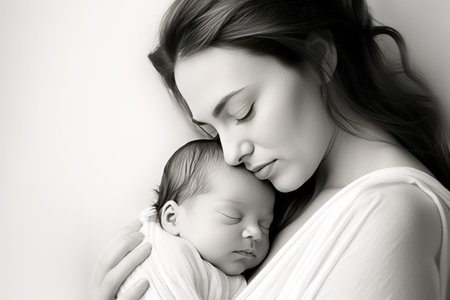 A heartwarming moment captured in a bright and realistic photograph where a young mother lovingly cradles her newborn baby in her arms. The tender bond between mother and child radiates through the image, creating a sense of warmth and joy.の素材