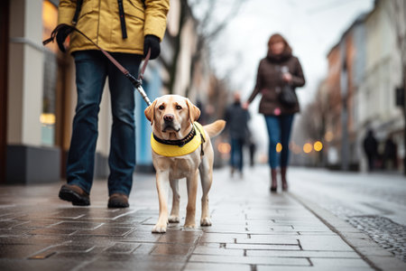 The guide dog, with a calm and focused demeanor, leads the blind person confidently, providing guidance and support.の素材
