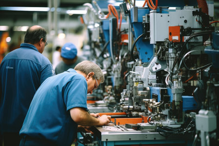 The photograph beautifully depicts the precision and focus of the operators as they control and monitor the machinery. The scene exudes a sense of productivity and efficiency, highlighting the essential role of machine operators in modern production processes.の素材