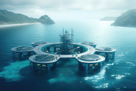 Futuristic environmentally friendly power plant of the future in the ocean, Revolutionizing Water Energy Systems with Full Automation. Efficiency and Comfort of Fully Automated Modern Water Energy Systemsの素材