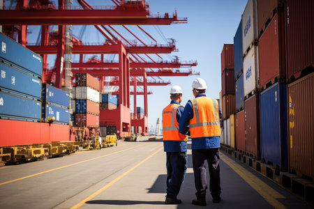 The atmosphere is filled with energy as workers load and unload goods, ensuring the smooth operation of global trade. The photograph beautifully captures the scale and complexity of logistics, emphasizing the importance of efficient transportation and supply chain management.の素材