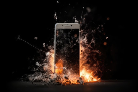 Depicting the serious issue of overheating and battery fires in mobile devices. Despite its serene appearance, the image reminds us of the challenges associated with smartphone battery safety.の素材