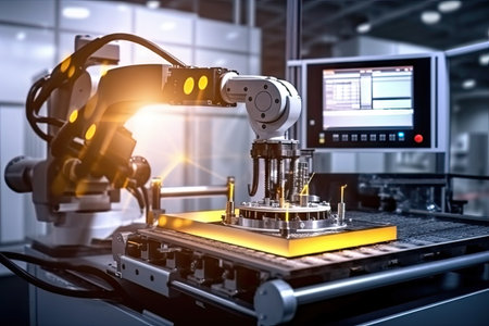 The image captures the intricate design and advanced capabilities of the machinery, emphasizing the role of Generative AI in enhancing precision and efficiency in material manipulation processes.の素材