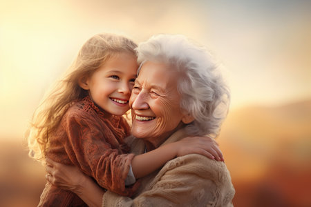 Grandma and grandson spend beautiful time together, they are happy and enjoy themselves. The child hugs her with a lot of love. Happy grandmother with her grandson in the house.の素材