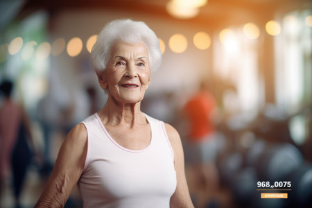 Sport In Mature Age. Happy senior woman doing stretching exercises in front of laptop at home, watching online tutorials, free spaceの素材