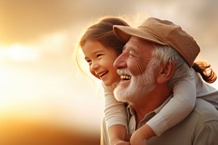 Cute little girl covering eyes with hands of her smiling senior grandfather while playing and having fun together at home, small happy child spending time with positive active grandpaの素材