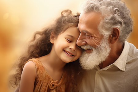Cute little girl covering eyes with hands of her smiling senior grandfather while playing and having fun together at home, small happy child spending time with positive active grandpaの素材