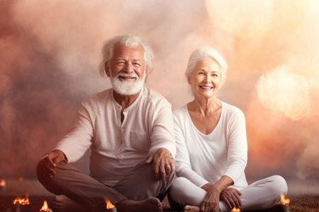 Portrait of lovely happy elderly couple, retirees wife and husband rejoice in active lifestyle, smiling woman tenderly embracing her spouseの素材
