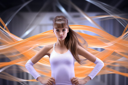 Young girl, female rhythmic gymnast training with multicolored ribbon isolated over green background in neon light. Concept of action, motion, sport, motivation, competition.の素材