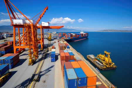 The atmosphere is filled with energy as workers load and unload goods, ensuring the smooth operation of global trade. The photograph beautifully captures the scale and complexity of logistics, emphasizing the importance of efficient transportation and supply chain management.の素材