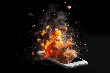 Depicting the serious issue of overheating and battery fires in mobile devices. Despite its serene appearance, the image reminds us of the challenges associated with smartphone battery safety.の素材