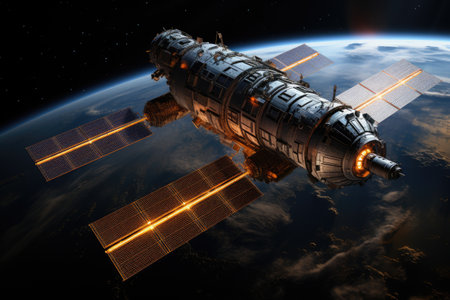 A bright and captivating photograph showcasing a space station harnessing solar energy from the sun and transmitting it back to Earthの素材