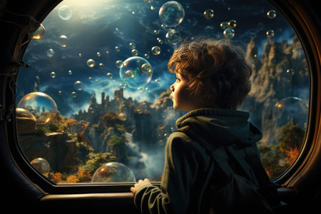 In this bright and awe-inspiring photograph, we witness the future of travel - space tourism. The image depicts a space tourist gazing in wonder at the Earth from the window of a spacecraft, surrounded by the infinite beauty of the cosmos.の素材