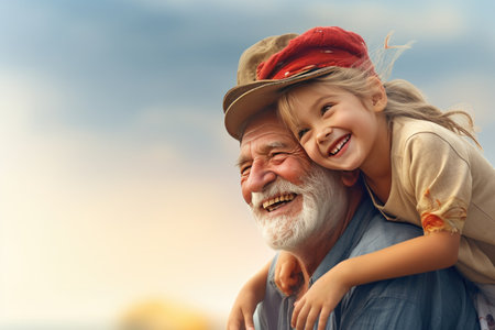 Cute little girl covering eyes with hands of her smiling senior grandfather while playing and having fun together at home, small happy child spending time with positive active grandpaの素材